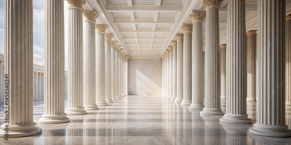 Poster a grand colonnade with fluted pillars leading to a spacious hall with a tiled floor and a sunlit ope