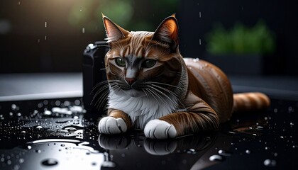Un gato esponjoso, naranja y blanco, yace tranquilo sobre una superficie húmeda y brillante, con sus grandes ojos verdes parpadeando suavemente a intervalos suaves. Su cola se balancea con naturalidad