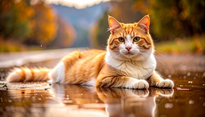 Un gato esponjoso, naranja y blanco, yace tranquilo sobre una superficie húmeda y brillante, con sus grandes ojos verdes parpadeando suavemente a intervalos suaves. Su cola se balancea con naturalidad