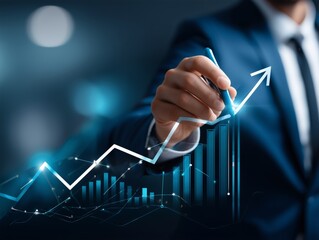 A man in a suit is drawing an arrow on a graph