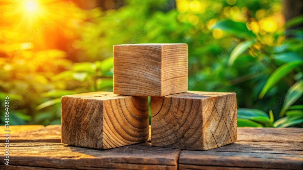 Poster Three Natural Wooden Blocks Resting on a Weathered Wooden Surface with a Softly Focused Background of Lush Green Foliage and a Sunlit Glow