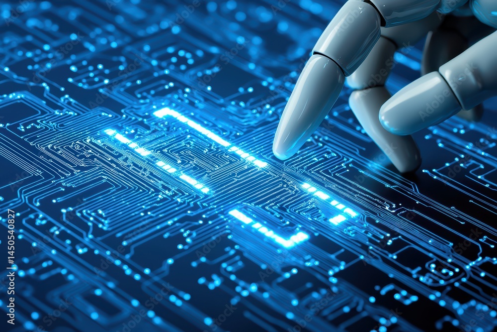 Poster futuristic robotic hand interacting with glowing microchip circuits on a technological digital backg