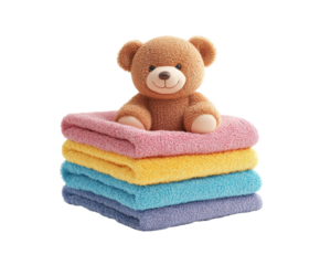 Cute on colorful towels in a cozy soft toys playful environment isolated on transparent background