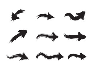 Nine stylized, black arrows with a hand-drawn, brush stroke effect on a white background
