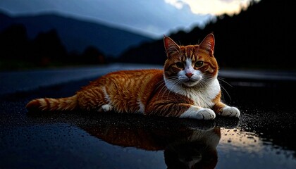 Un gato esponjoso, naranja y blanco, yace tranquilo sobre una superficie húmeda y brillante, con sus grandes ojos verdes parpadeando suavemente a intervalos suaves. Su cola se balancea con naturalidad