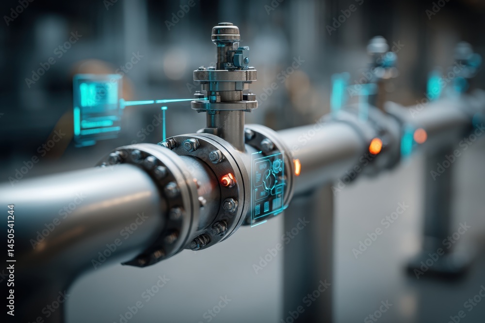 Poster industrial pipeline with modern holographic displays visualizing data, conveying high-tech functiona