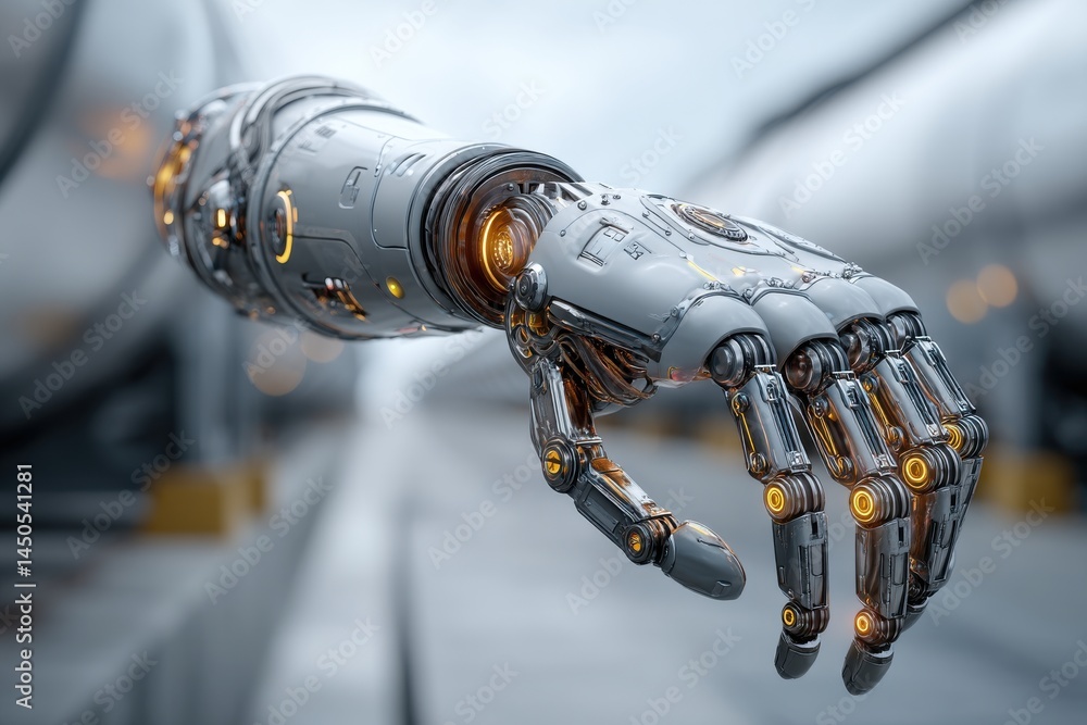 Poster a detailed close-up of a futuristic robotic hand, showcasing intricate mechanics and design elements