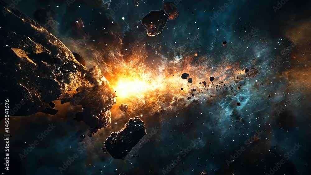 Poster cosmic collision: asteroids and nebula in dynamic space explosion