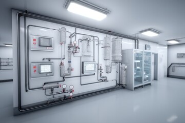 An industrial setting with complex pipework and storage tanks, showcasing a sterile laboratory environment, displaying a high-tech machinery installation and gleaming white walls.