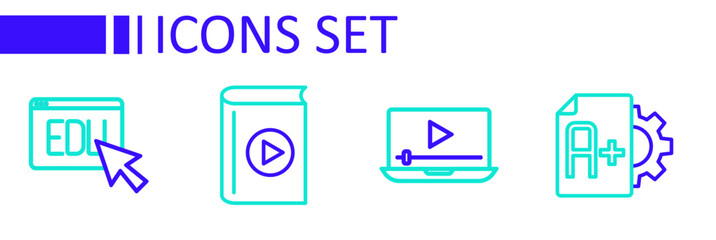 Set line Exam sheet with A plus grade, Online play video, Audio book and education icon. Vector
