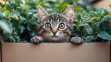 Curious kitten peeking from box