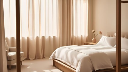 Cozy minimalist bedroom with warm natural light and soft furnishings