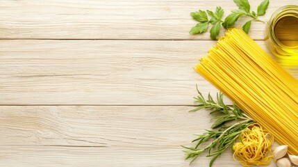 Fresh ingredients for pasta cooking with olive oil, herbs, and raw spaghetti on rustic wooden background