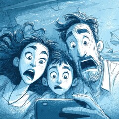 A family's shocked expressions viewing a digital device.