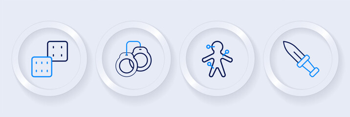 Set line Dagger, Voodoo doll, Handcuffs and Game dice icon. Vector