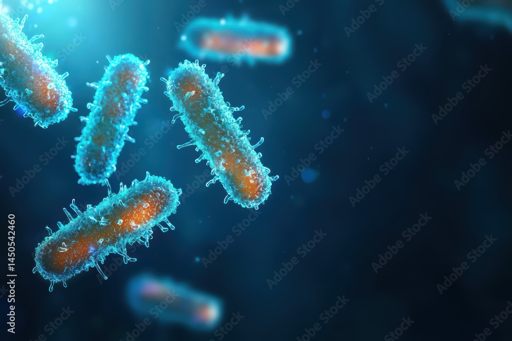 Poster microscopic view of colorful bacteria with glowing features and light effects in dark background
