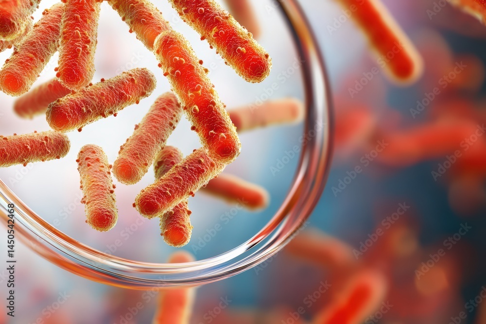 Poster close-up view of bacteria with red filaments under a microscope in a scientific laboratory setting