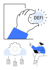 Hand holding decentralized finance concept coin, cloud system transferring files, and woman pointing with laptop. Ideal for finance, technology, cloud computing, data management, innovation