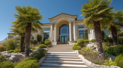 Obraz premium Elegant house entrance with clean lines, blending modern design and serene outdoor beauty.