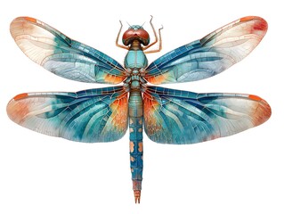 A vibrant teal and orange dragonfly with intricately detailed wings is presented against a clean white background showcasing its exquisite beauty.