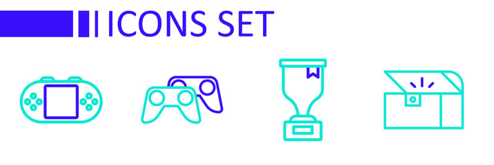 Set line Chest for game, Award cup, Game controller joystick and Portable video console icon. Vector © Iryna