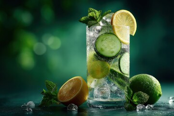 Refreshing cucumber and citrus infused water with ice cubes and mint leaves, sitting against a blurred, rich green background, evoking freshness and health.