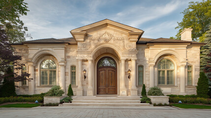 Elegant house entrance with clean lines, blending modern design and serene outdoor beauty.