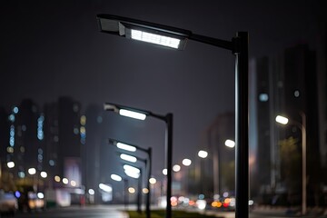 Illuminated city street at night.  Modern LED street lamps line a city road, casting a glow on the buildings beyond