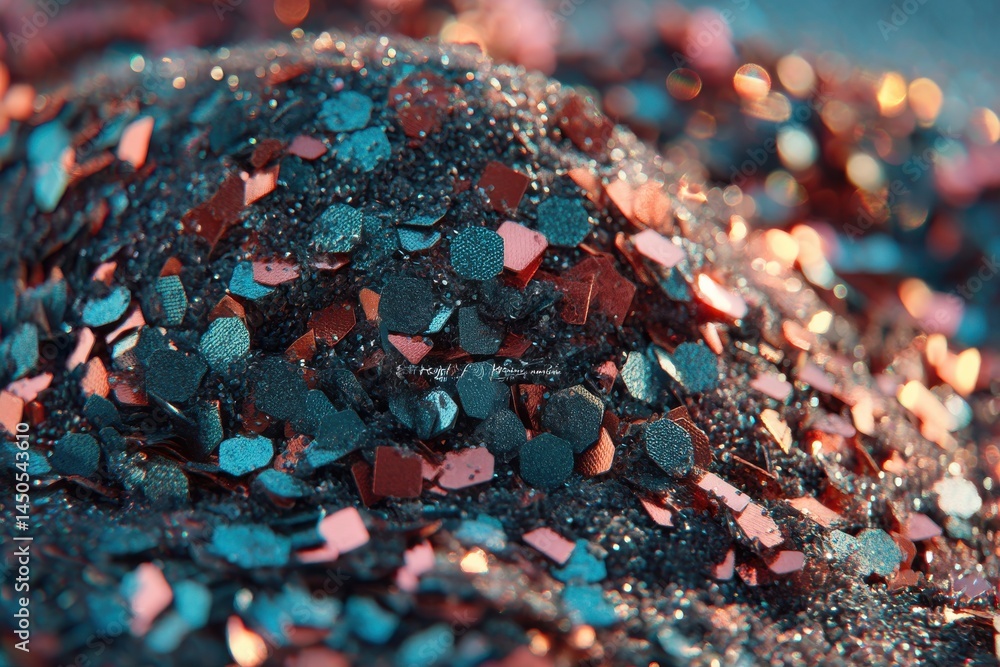 Poster a captivating macro shot of multicolored glitter and shimmering particles creating a textured, spark