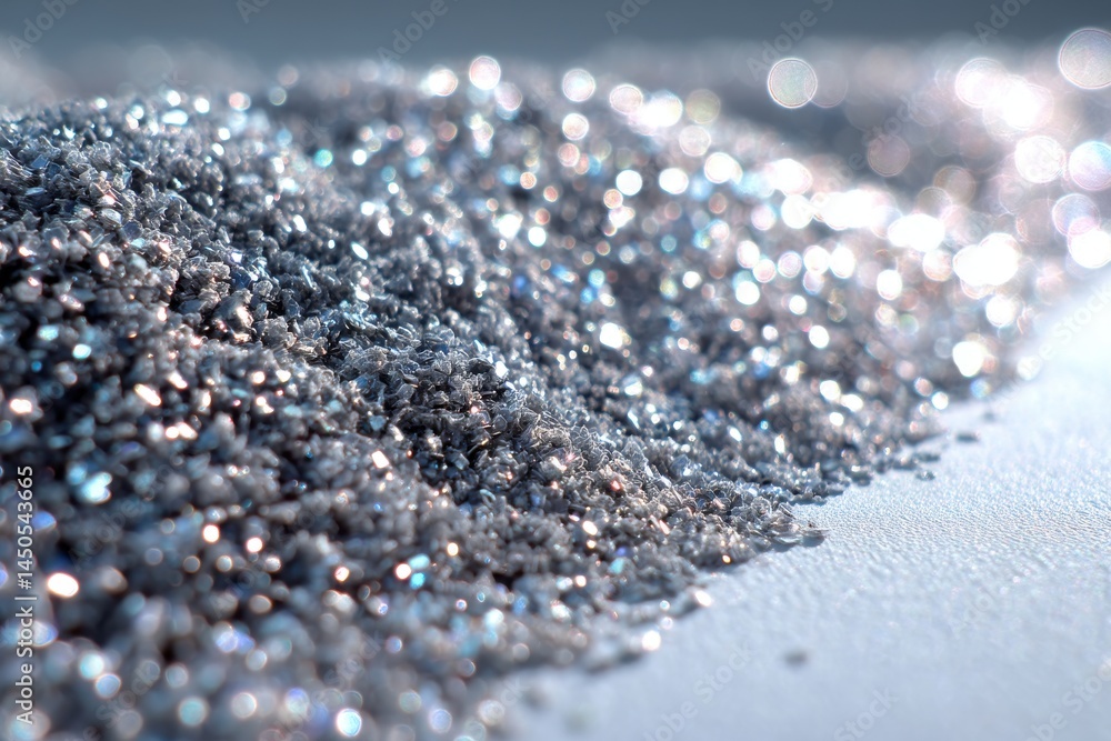 Poster a captivating close-up of sparkling silver glitter, creating a dazzling effect with bokeh lights, sh