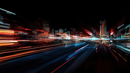 Obraz premium Cityscape lights shine at night, creating a futuristic abstract cityscape with vibrant hues, and dark tones.