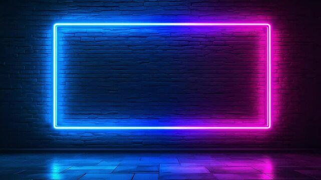 Illuminated neon frame against a brick wall with vibrant blue and purple lighting