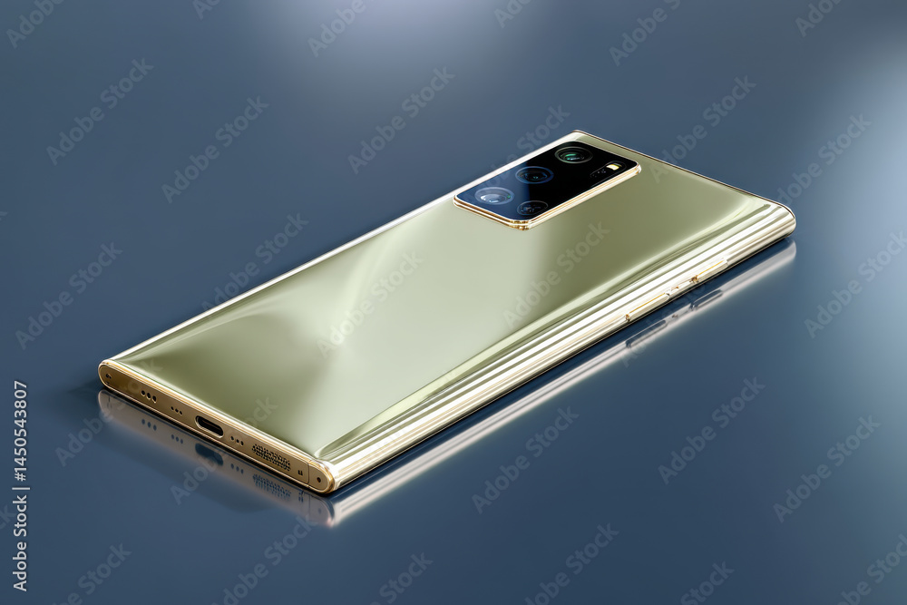 Poster a close-up of a modern gold smartphone showcasing its elegant design and advanced camera system, cre