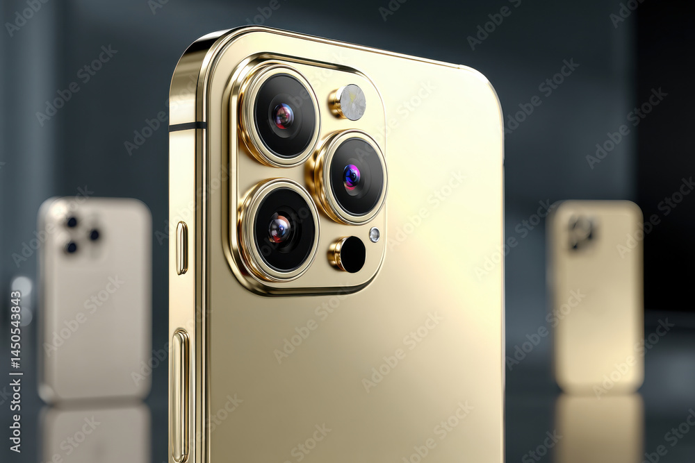 Poster a close-up view showcases the sophisticated design of a gold smartphone camera module, featuring a m