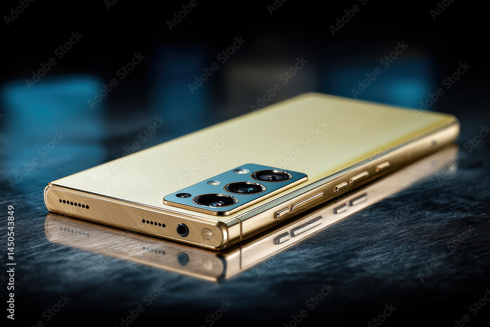 Poster a sophisticated golden smartphone resting on a sleek surface, showcasing its advanced camera system 