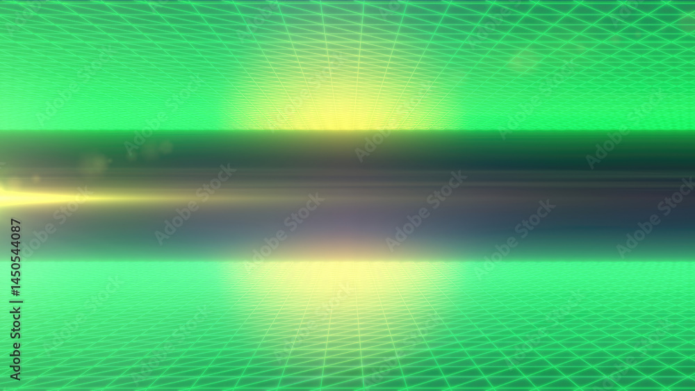 Poster a glowing green grid pattern with a futuristic horizon and light reflections, representing concepts 