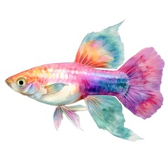 Fototapeta premium A vibrant rainbow colored guppy fish swims gracefully isolated on a clean white background perfect for aquatic designs.