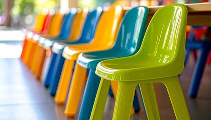 Row of Colorful Plastic Children's Chairs in a Bright Room Perfect for Preschool or Classroom Settings