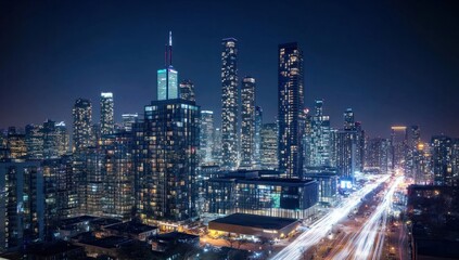 Obraz premium Capture the cityscape, glow of urban lights with city at night and tall buildings at night and street view.