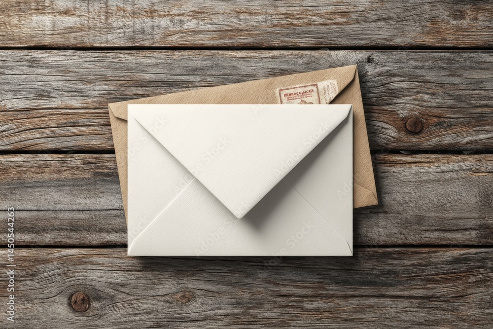 Poster two envelopes, one white and one brown, stacked on rustic wooden surface, creating a simple and invi