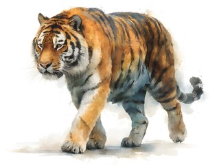 Fototapeta premium A majestic Siberian tiger powerfully strides forward showcasing its intense gaze and vibrant orange and black stripes on a white background.