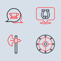 Set line Horseshoe, Medieval axe, Round shield and Blacksmith anvil tool icon. Vector