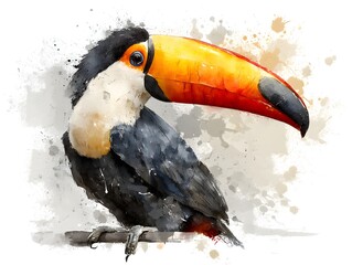 A vibrant watercolor painting of a toucan perched on a branch showcases its colorful beak and plumage against a white background.