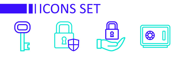 Set line Safe, Lock, Shield security with lock and Old key icon. Vector