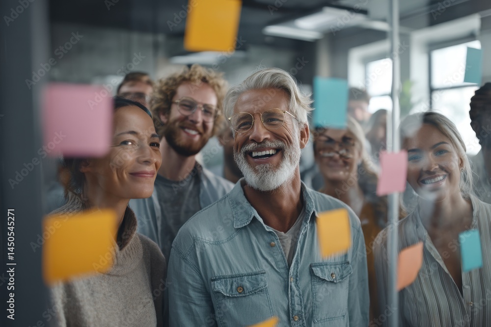 Poster a diverse group of colleagues brainstorm, looking at a glass board covered in sticky notes, smiling 
