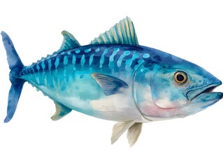 A detailed watercolor painting of a vibrant blue and white bonito fish swimming gracefully against a clean white background.