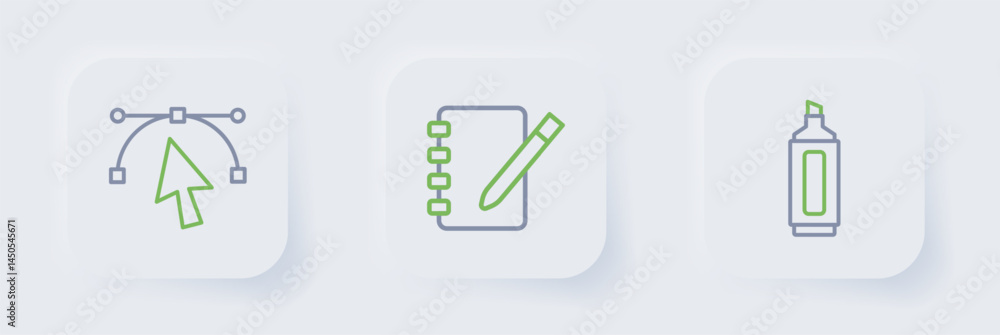 Poster set line marker pen, notebook and bezier curve icon. vector