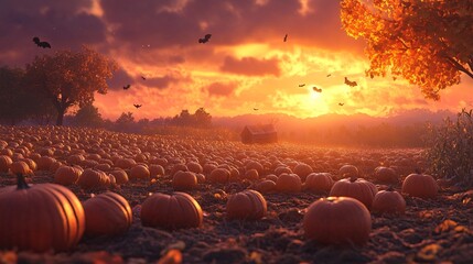 Vibrant Pumpkin Patch Silhouetted at Sunset with Eerie Shadows of Halloween
