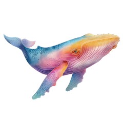 A vibrant rainbow colored humpback whale gracefully swims in the ocean depths, a majestic underwater scene.
