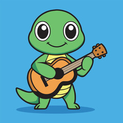 Cute Turtle Plays the Guitar Cartoon Vector Icon Illustration Animal Nature Icon 